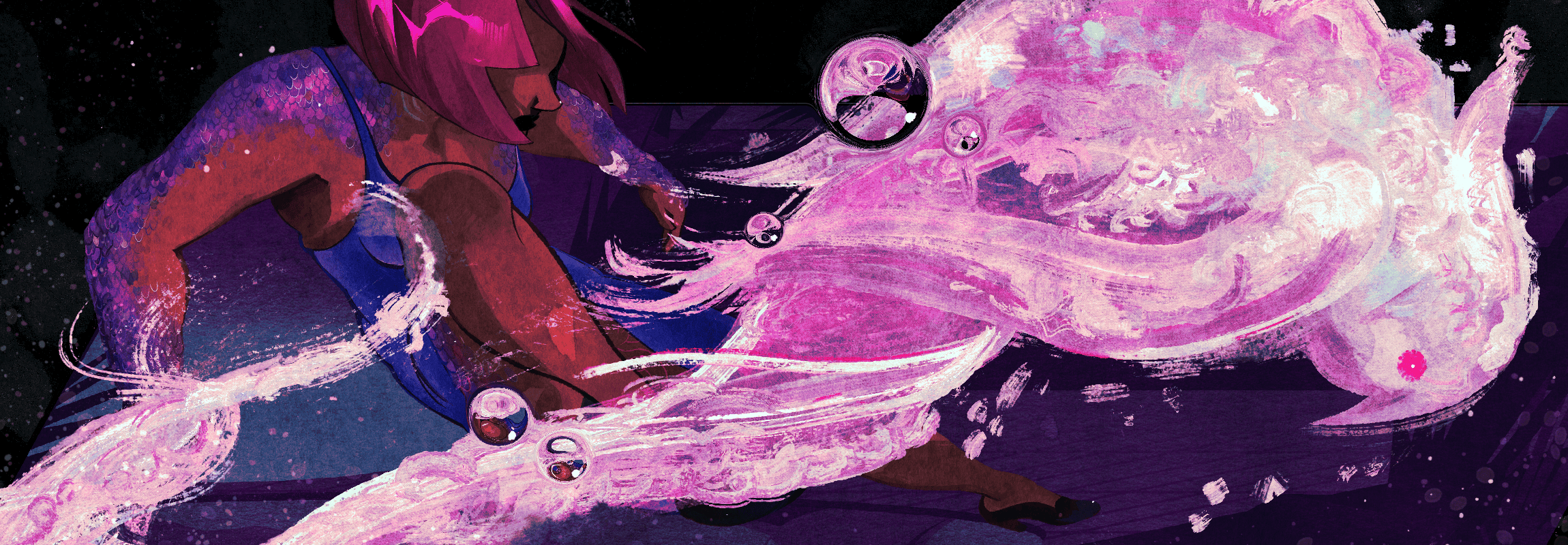 GO MY DOLPHIN-GIRL-WATER-???-CUTE-PERSON-CREATURE-THING kamea lets out her water clone, working a cool pose into the process. the clone is tinted pink, and surprisingly opaque; bubbles float around them.