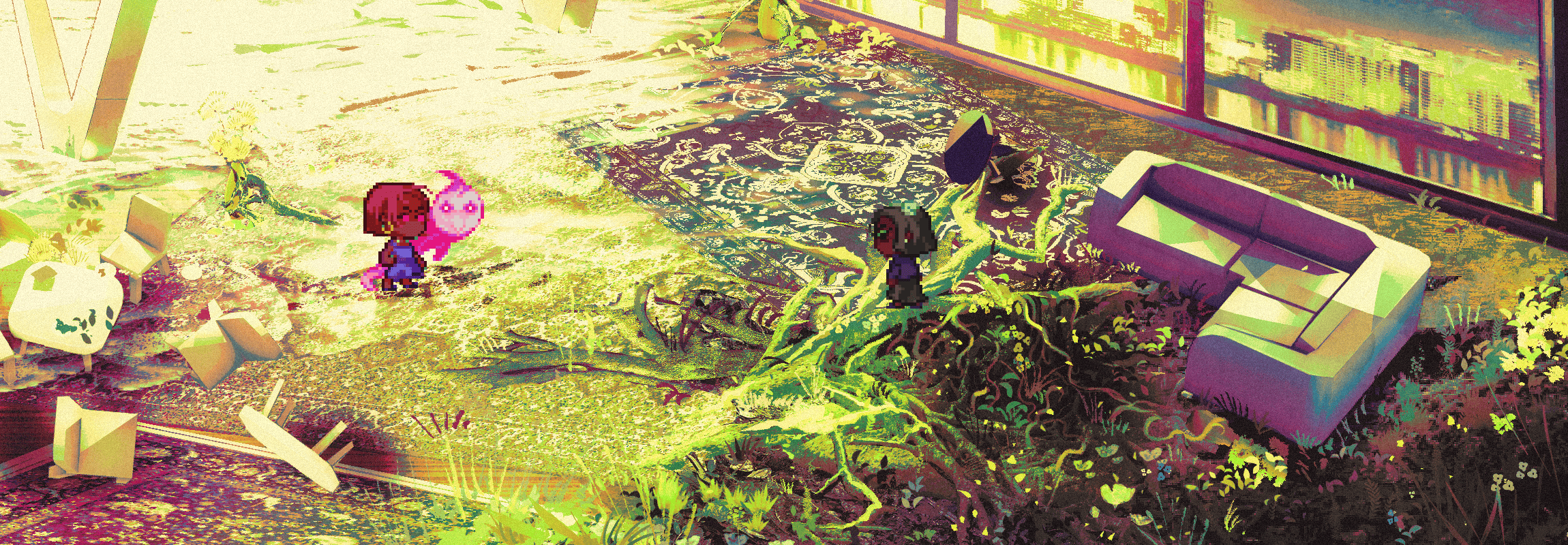 those plants lost their DAMN minds the battlefield has twisted for kamea and nuru! as they stand, pixelated, the room is thrown together via collage; the ocean splashes in from kamea's side, while nuru's side has a massive growth of flora. furniture is thrown about, a sign they'd fought their way over to the lounge.