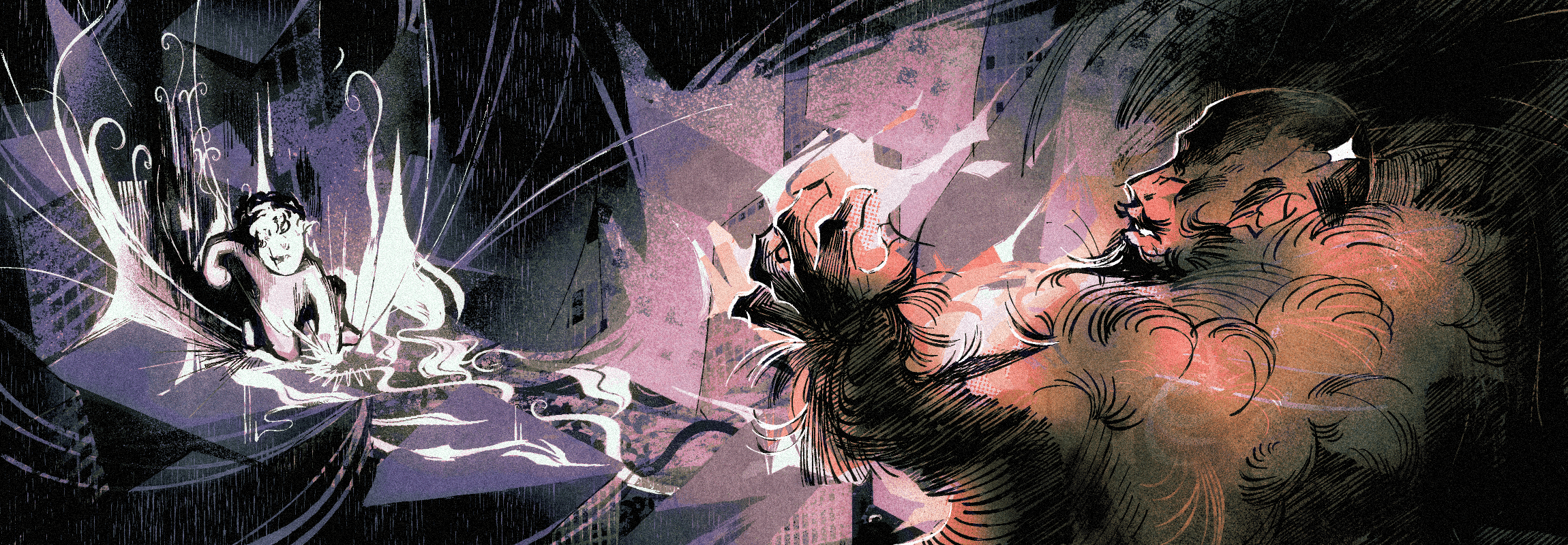 one slap and ur done within a sort of abstract, makeshift city as a battle location, clyde unleashes a beam of light against antoine. the man, clad in orange, is struck by the blast, pushing his huge silhouette into the shadpows