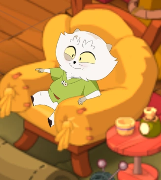 an elderly white cat character sitting in an armchair