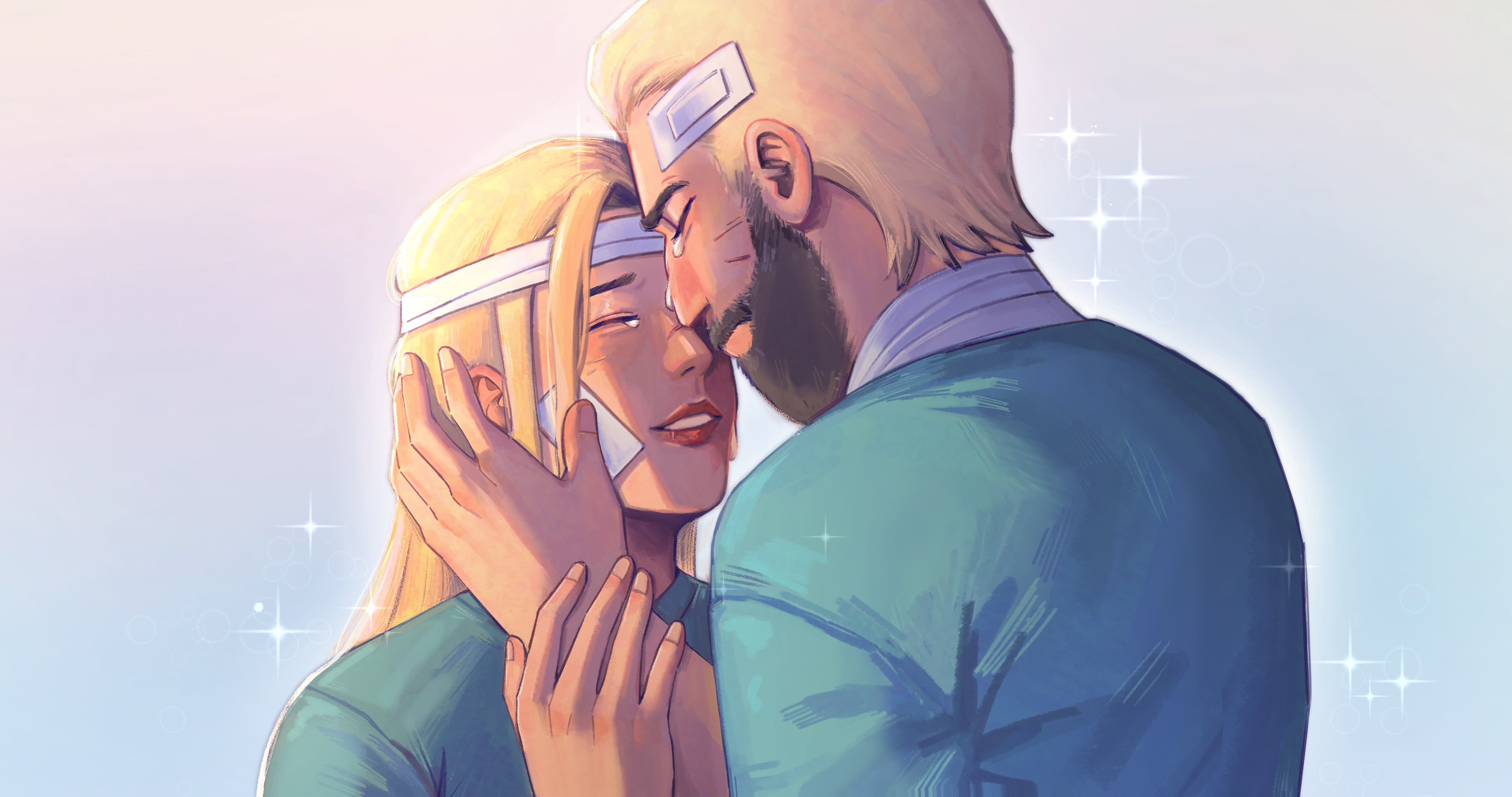 Sasha and Aleksis, with their foreheads pressed together, they are both crying and wrapped in bandages, the background is a pale cream.