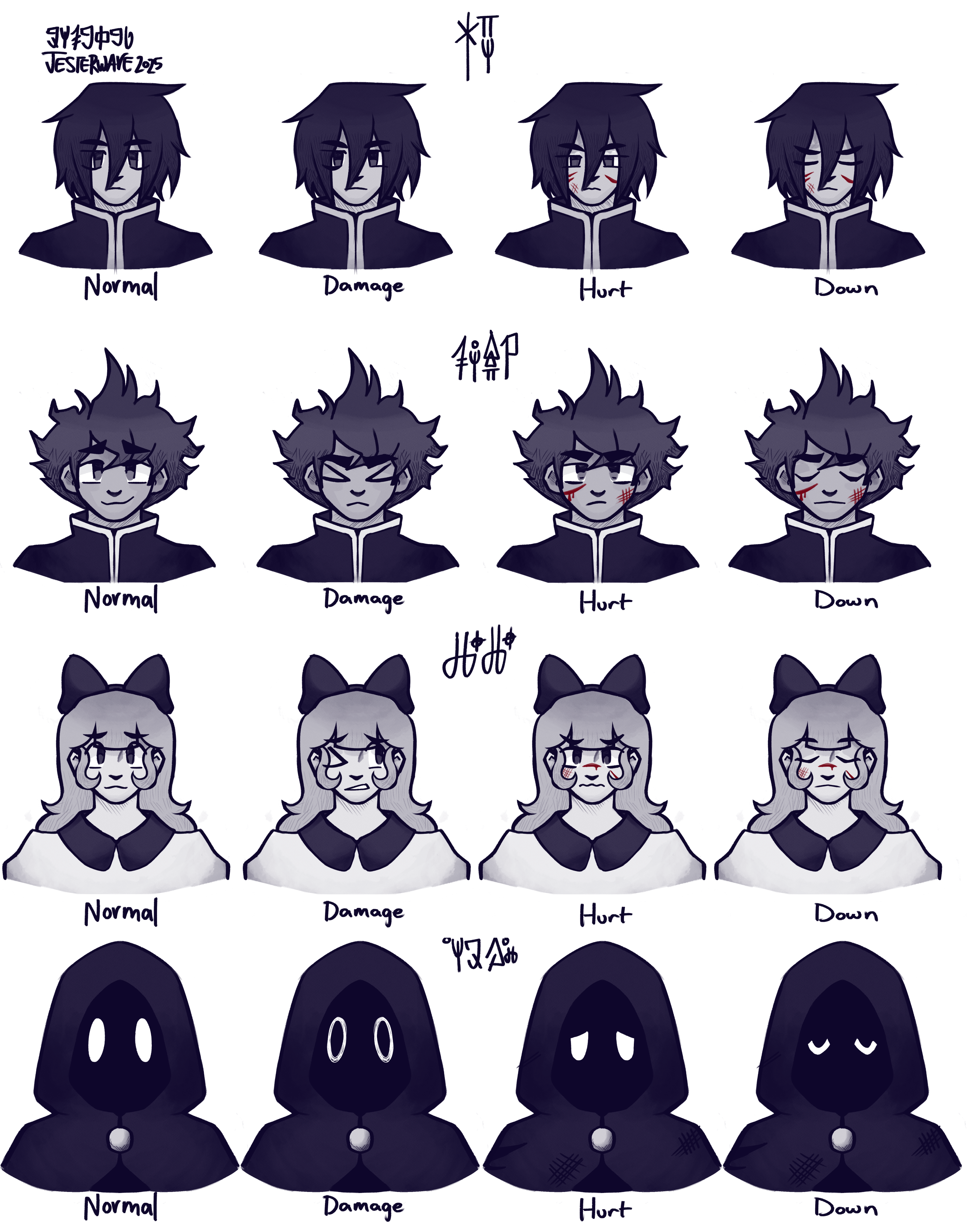 portraits of the protagonist, lala, corwin, and the oracle in 4 states: default, taking damage (wherein they flinch), hurt (covered in scratches and blood), and down (eyes closed, covered blood). Portraits are black and white, while the blood is bright red.