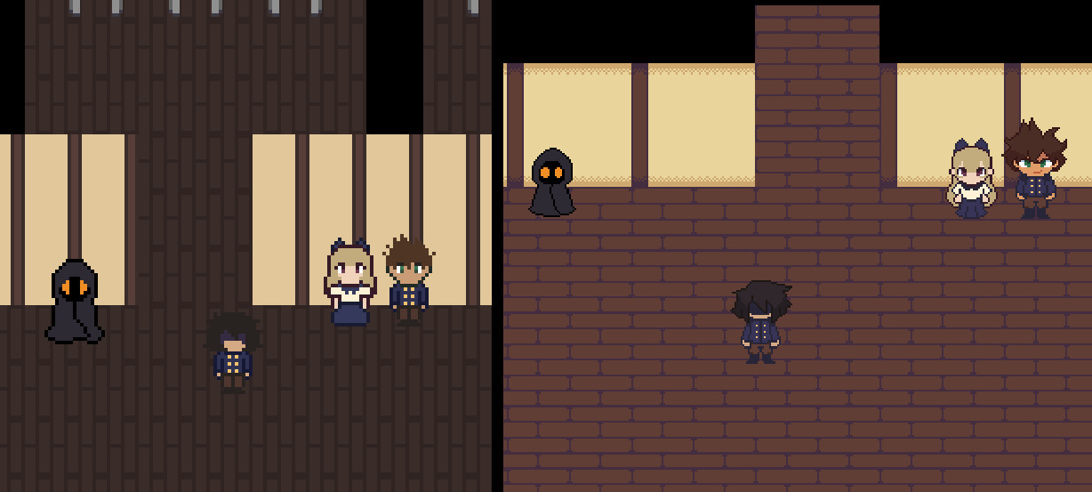side by side comparison of the protagonist, lala, corwin, and the oracle standing inside the school.