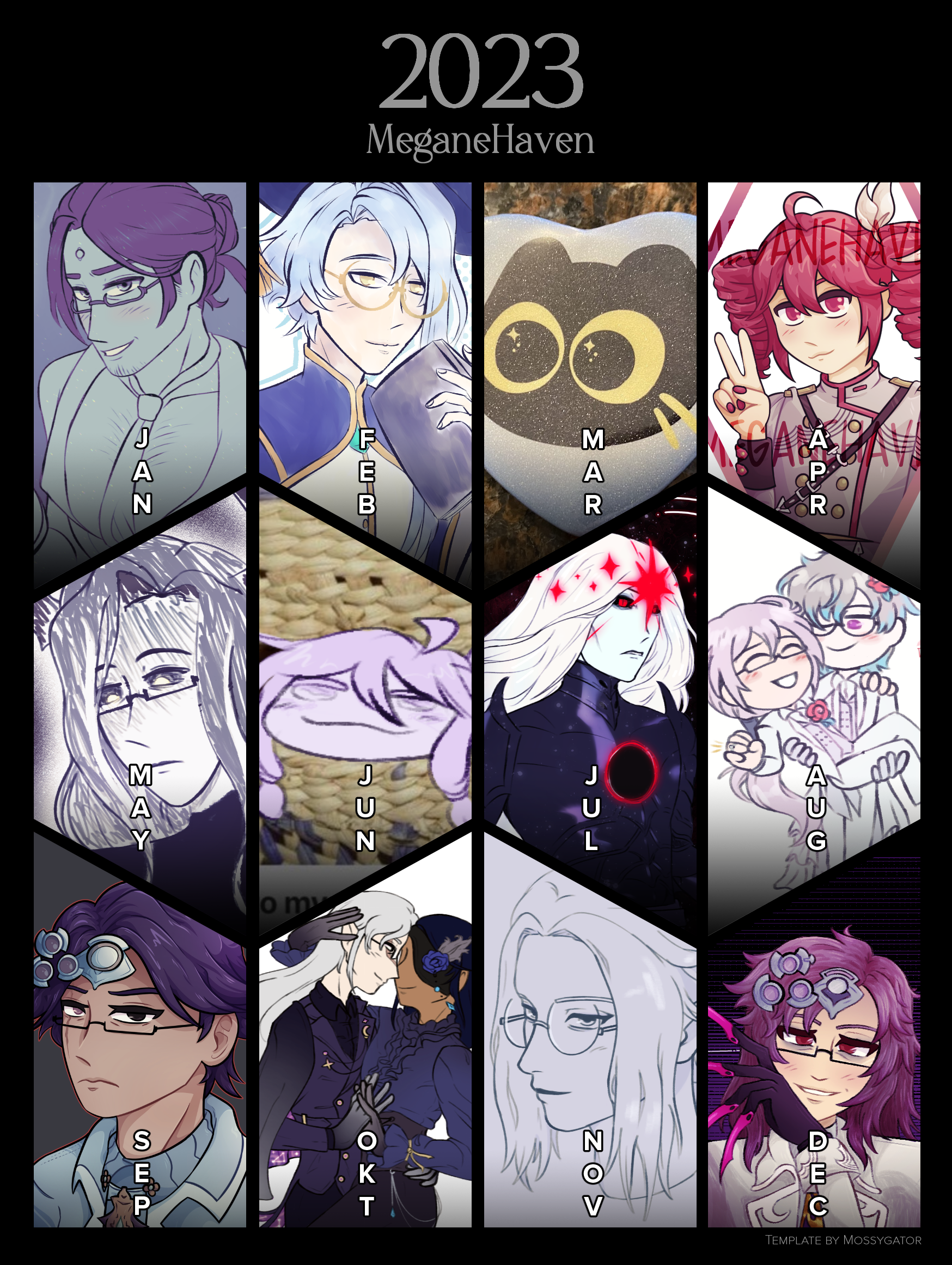 Similar template as above, but for 2023. Mostly colored sketches with similar types of characters, and some more polished merch pieces.