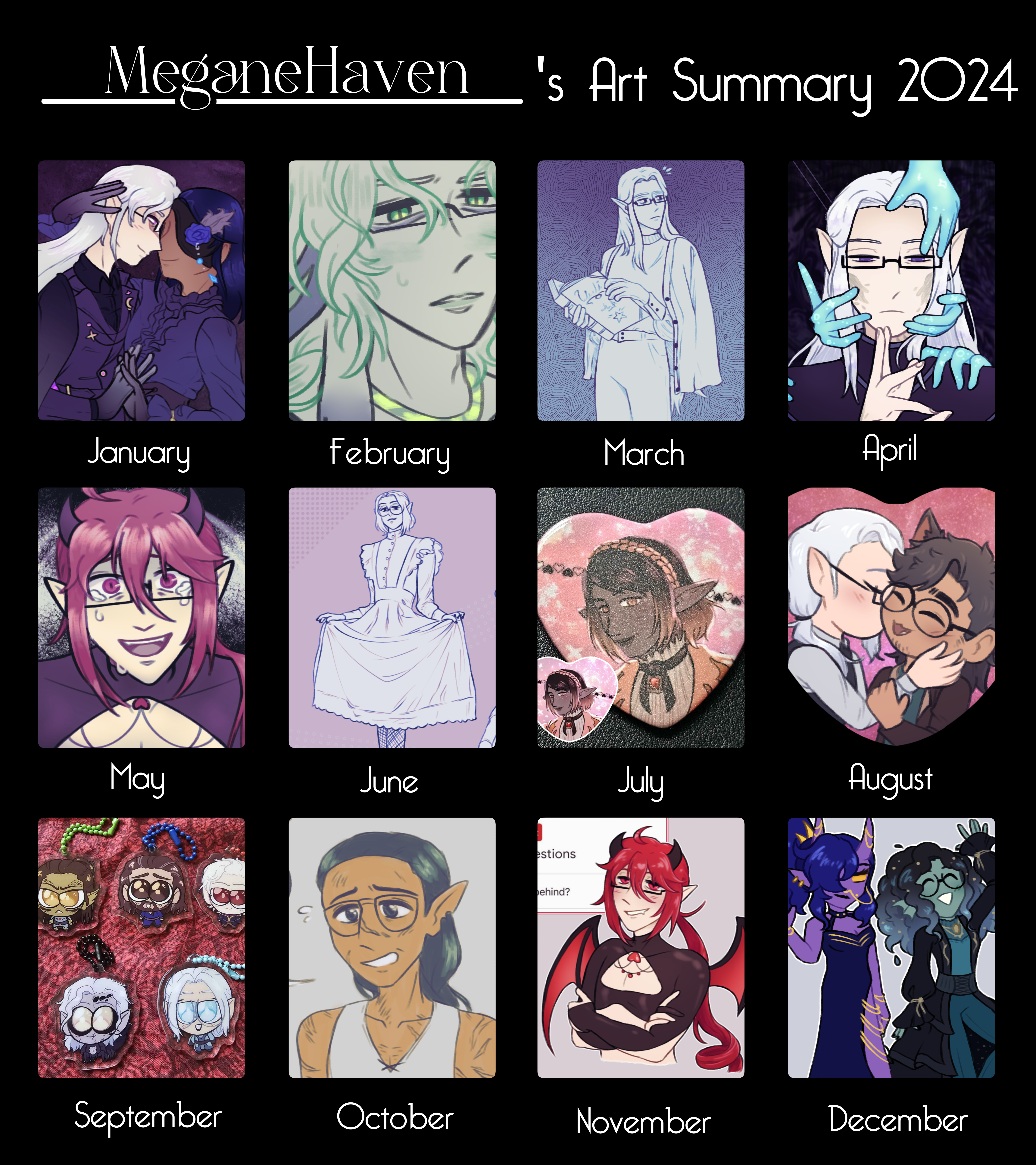 12 art pieces, one per month, titled "MeganeHaven's Art Summary 2024". The different pieces feature many elves, men with long hair and glasses, gay couples, as well as heart buttons and acrylic charms. Some are sketches and some are more rendered.