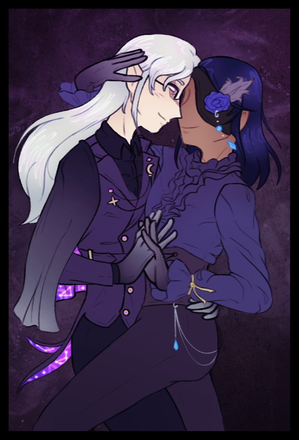 Two men in elegant gothic attire dancing closely together, lips mere inches apart. The taller man is an elf with long white hair and glasses over a long scar on his face. The other is a human with dark shoulder length hair wearing a large eyepatch with a rose on it, while his good eye isn't visible at this angle.