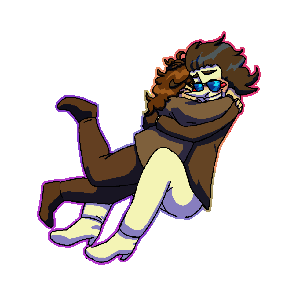 I love my husband so very much! An image of Cyan and Chrissy holding eachother, clearly very happily. They're both grinning, though Chrissy's isn't visible, and both are blushing. There's warm lighting, and a warm rainbow outline surrounding the two.