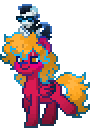 Gif Description: A gif of a default-like pony walking in place. She is colored pinkish red and has long hair that's warm yellow in color. She has a plushie on her head of someone who looks similar to Spamton. End GD.