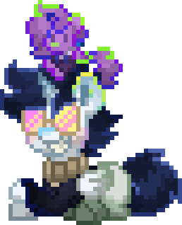 An image of Spamton from Deltarune with a miniature addisona on his head. His front legs are crossed one over the other.