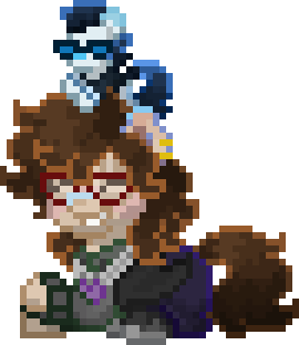 An image of Chrissy's ponytown IRL avatar with her front legs crossed. She's grinning with her eyes closed.