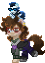 Gif description: A gif of a pony walking in place. She is colored like a person with pale skin, and has brown hair. She is wearing a green grey hoodie and blue tinted pants, with grey sneakers. She has a plushie on her head of someone who looks similar to Spamton. End GD.