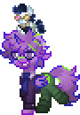 Gif Description: A gif of a lavender pony with lavender hair walking in place. Said pony is dressed in dark purple and green. She is outlined in various shades of blue and purple, with green for highlights. She is wearing a mini Spamton plush on her head. End GD.
