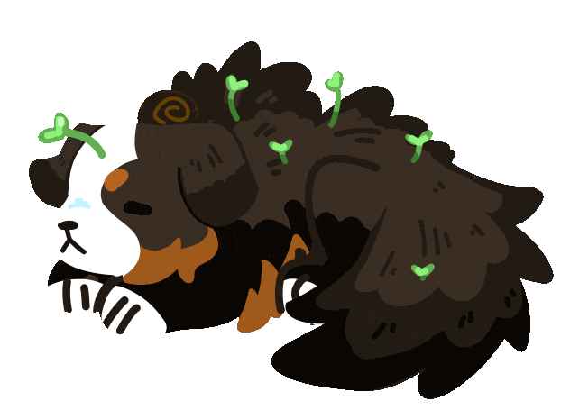 animated lineless drawing of a burnese mountain dog with a sprout atop their head snoozing