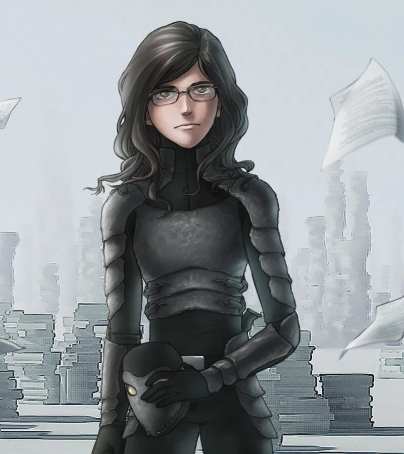 skitter from worm black hair glasses gray costume superhero unmasked neutral expression abstract plain background