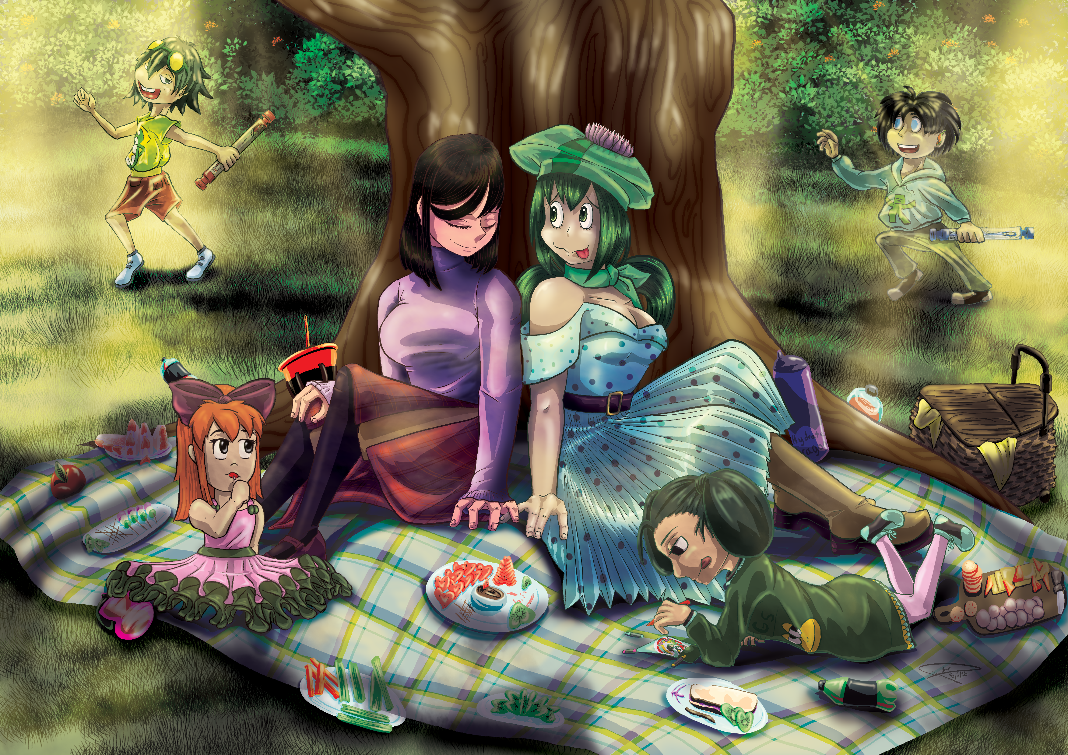 Illustration of Kodai Yui and Tsuyu Asui interlocking fingers while sat on the picnic blanket with Tsuyu Satsuki drawing a picture of the two teens kissing and Kodai Kisabo (original sibling character) sitting while Tsuyu Samidare and Kodai Kikaeru (original sibling character) run around in the background.