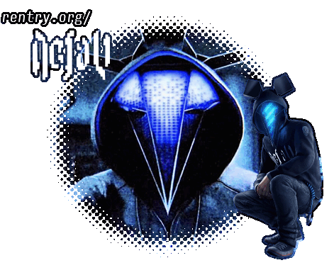 A top-middle focal gif of Defalt from watch dogs. The top left text reads "rentry dot org slash defalt", and a small pagedoll of Defalt is seen on the lower right. The text and pagedoll bounce slightly."
