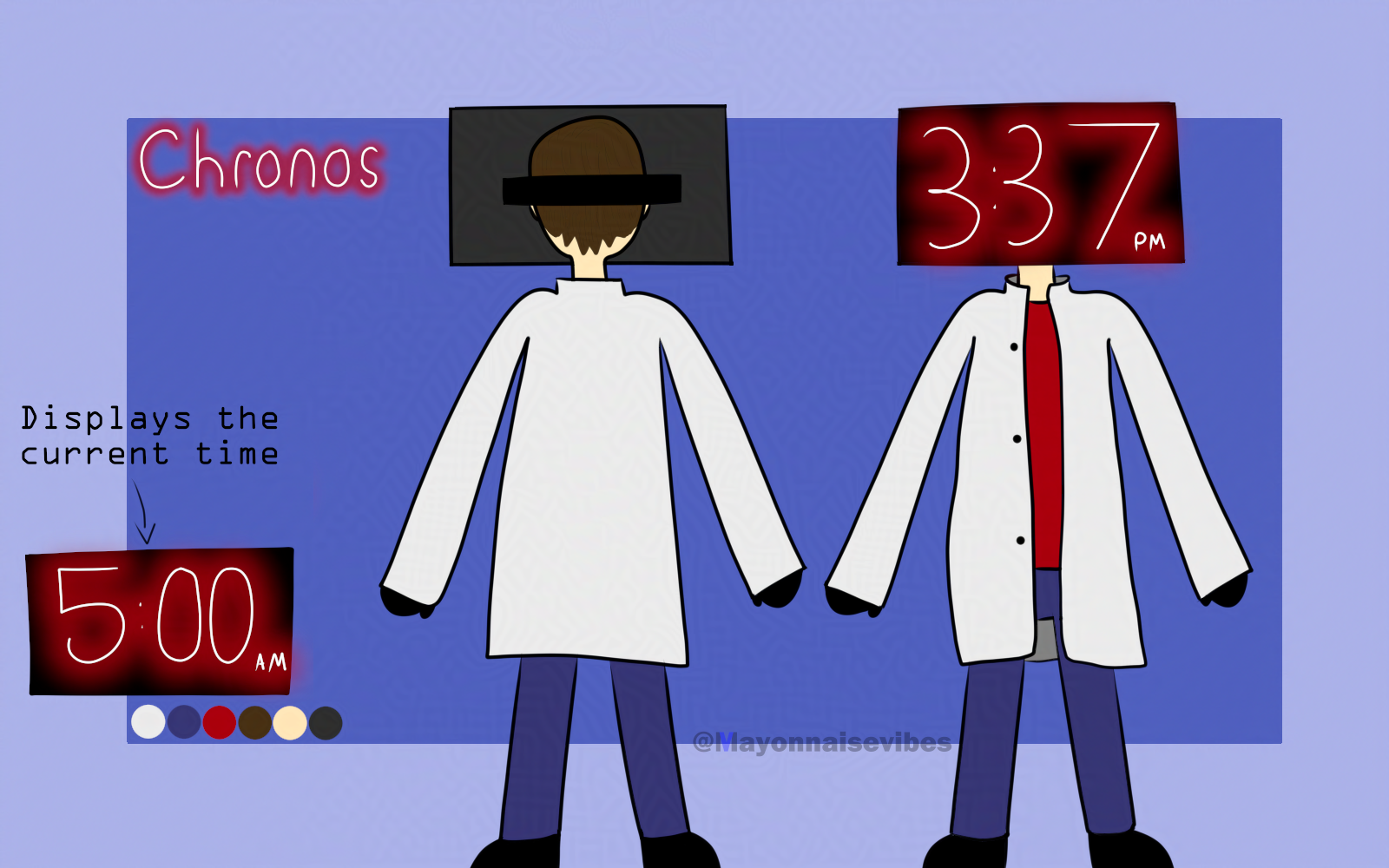 A view from both the front and backside of the Chronos, a young adult dressed in a wrinkly lab coat and a
            red tshirt underneath. Covering his face is a large, black rectangular screen displaying a digital clock in
            red neon text. The screen is strapped to his head with a single black head strap running horizontal to his
            head as shown from the back. Chronos is also wearing black oven mitts on both of his hands, with simplistic
            blue pants and black shoes. For the safety of my art not being scraped by AI, this art has been Glazed.