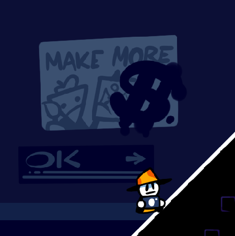 A screenshot of Hlev near a poster that says 'Make more art', except the 'art' part was painted over with a dollar sign as if to say 'make more cash'.