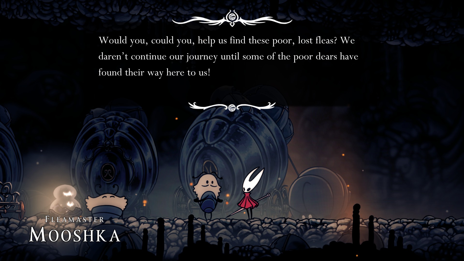 A screenshot showing Hornet talking to Fleamaster Mooshka.