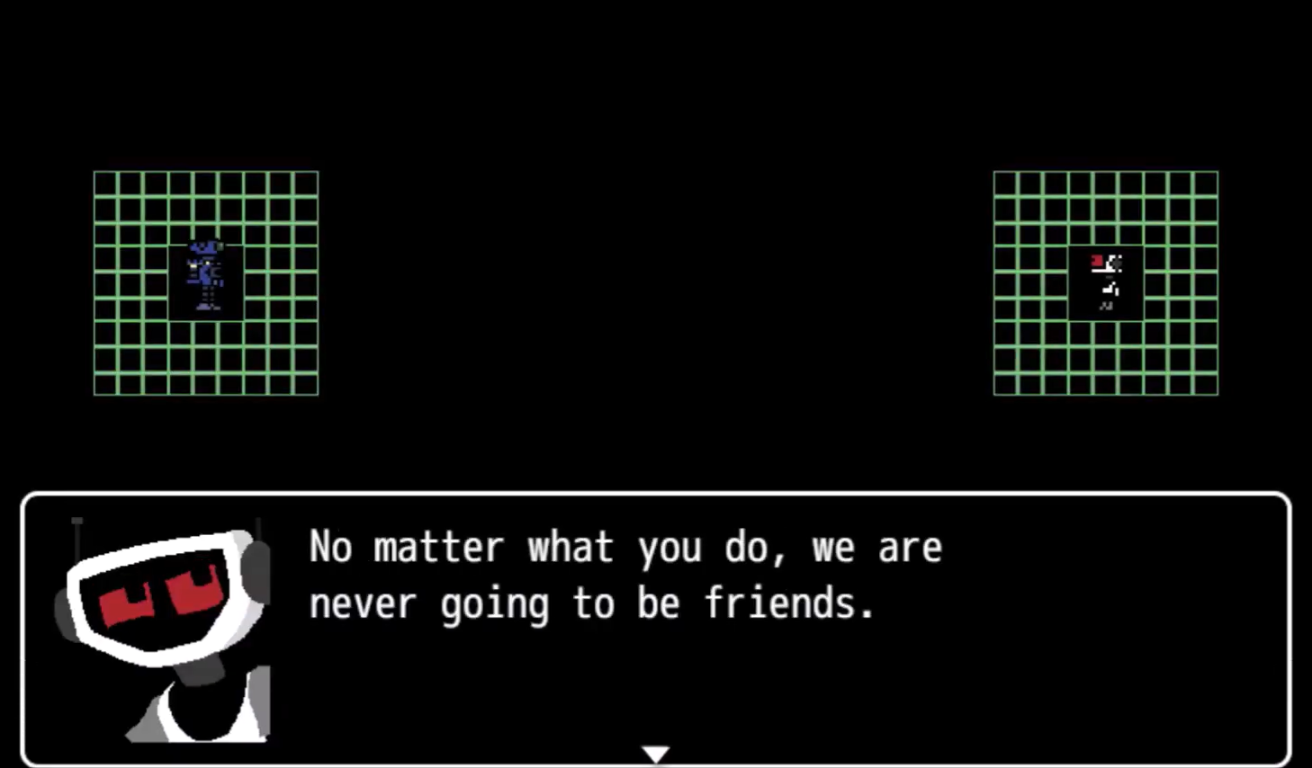 Screenshot of Waterbottle and FriendProgram in friend_test_mode. FriendProgram is saying: 'No matter what you do, we are never going to be friends.'