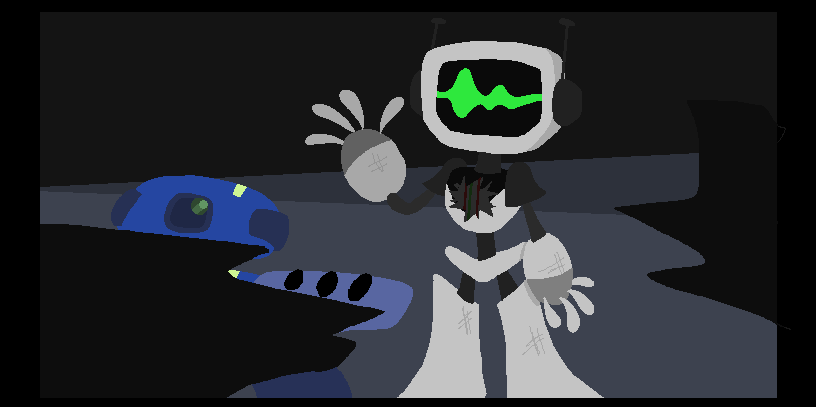 Cutscene of FriendProgram on automated mode briefly standing up to talk after the Love Test's collapse.