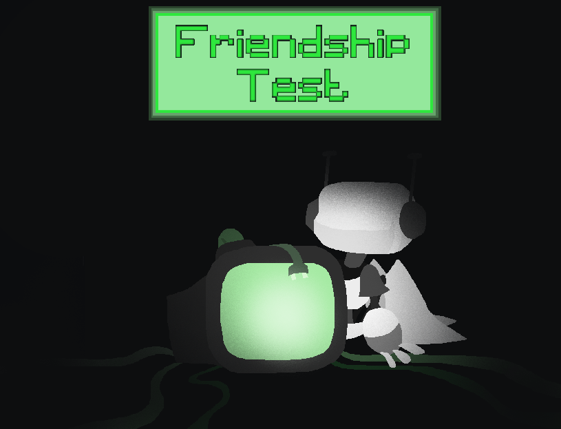Friendship Test's title screen. It shows the game's title at the top, and below it is a drawing of FriendProgram, the main protagonist, sitting behind a TV with a green screen. They are facing away from the viewer.