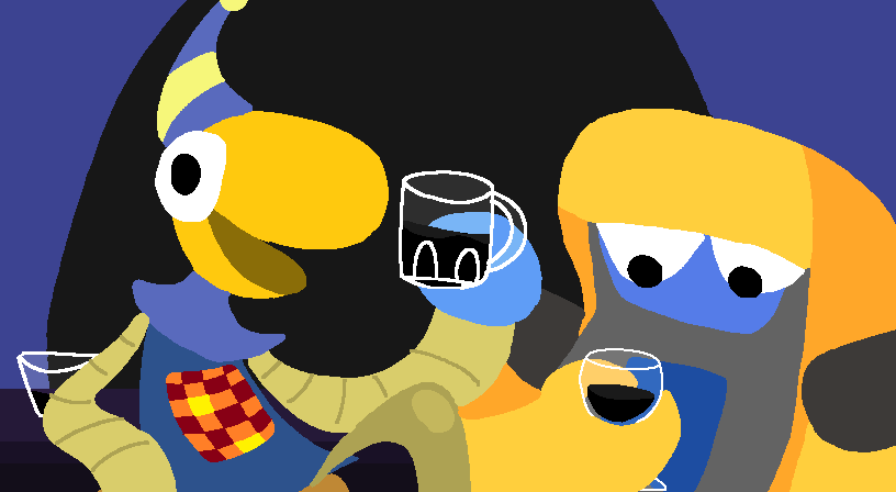 Cutscene of FUN and GAMES drinking at Bolts Bar.