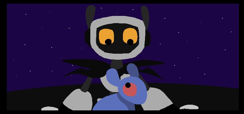 Cutscene of Exe in her small rabbit form and FriendProgram resting after the battle.