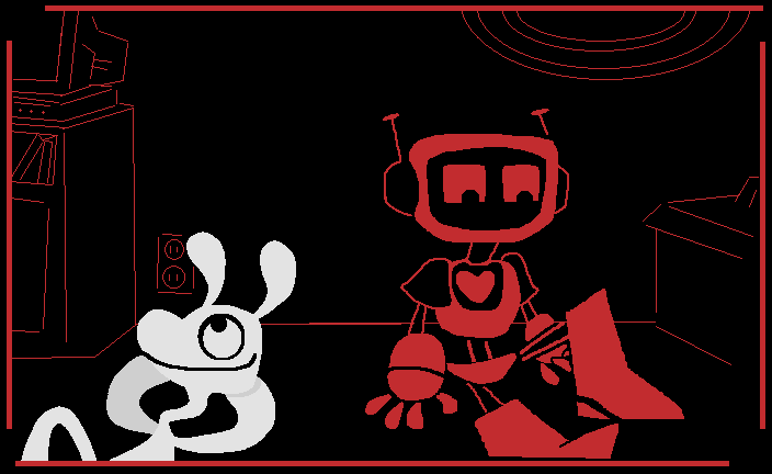 Cutscene of Exe and FriendProgram resting in Exe's room in the Love area.