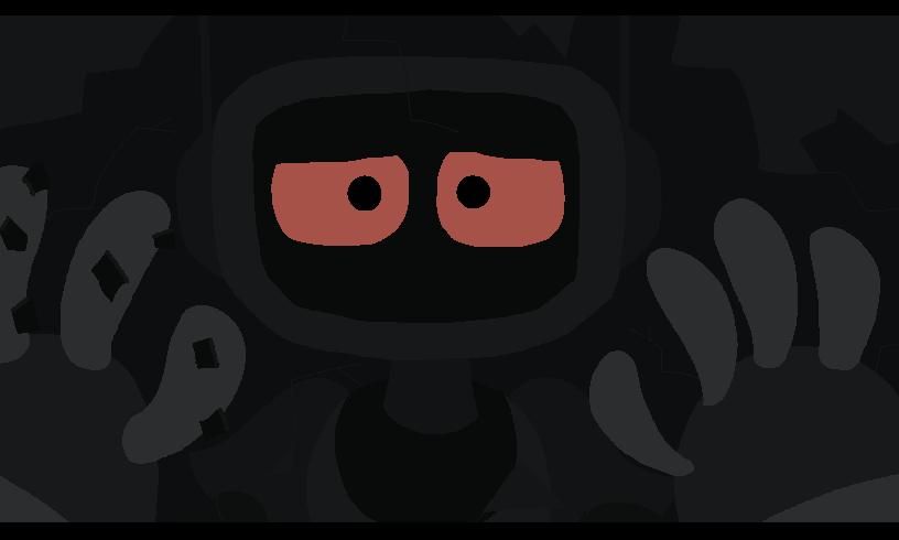 Cutscene of FriendProgram seeing their reflection after breaking a TV. They look distressed.