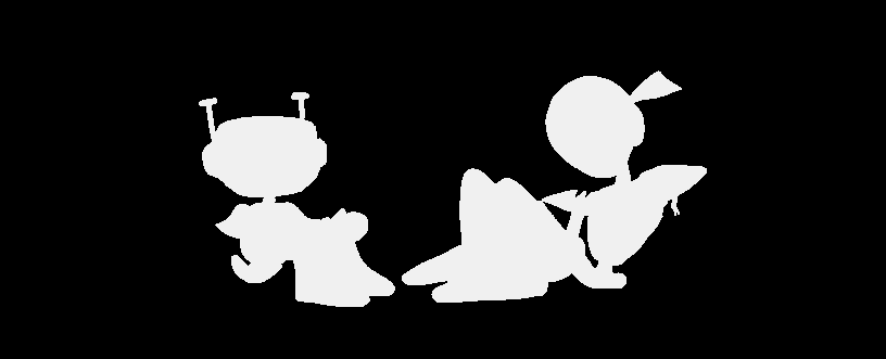 Cutscene of Void and FriendProgram hiding from roaming machines in Nick's secret lab. This particular image shows their white silhouettes on a black background.