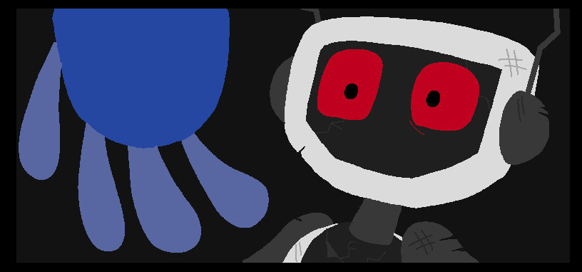 Cutscene of Waterbottle shielding FriendProgram from monster Nick.