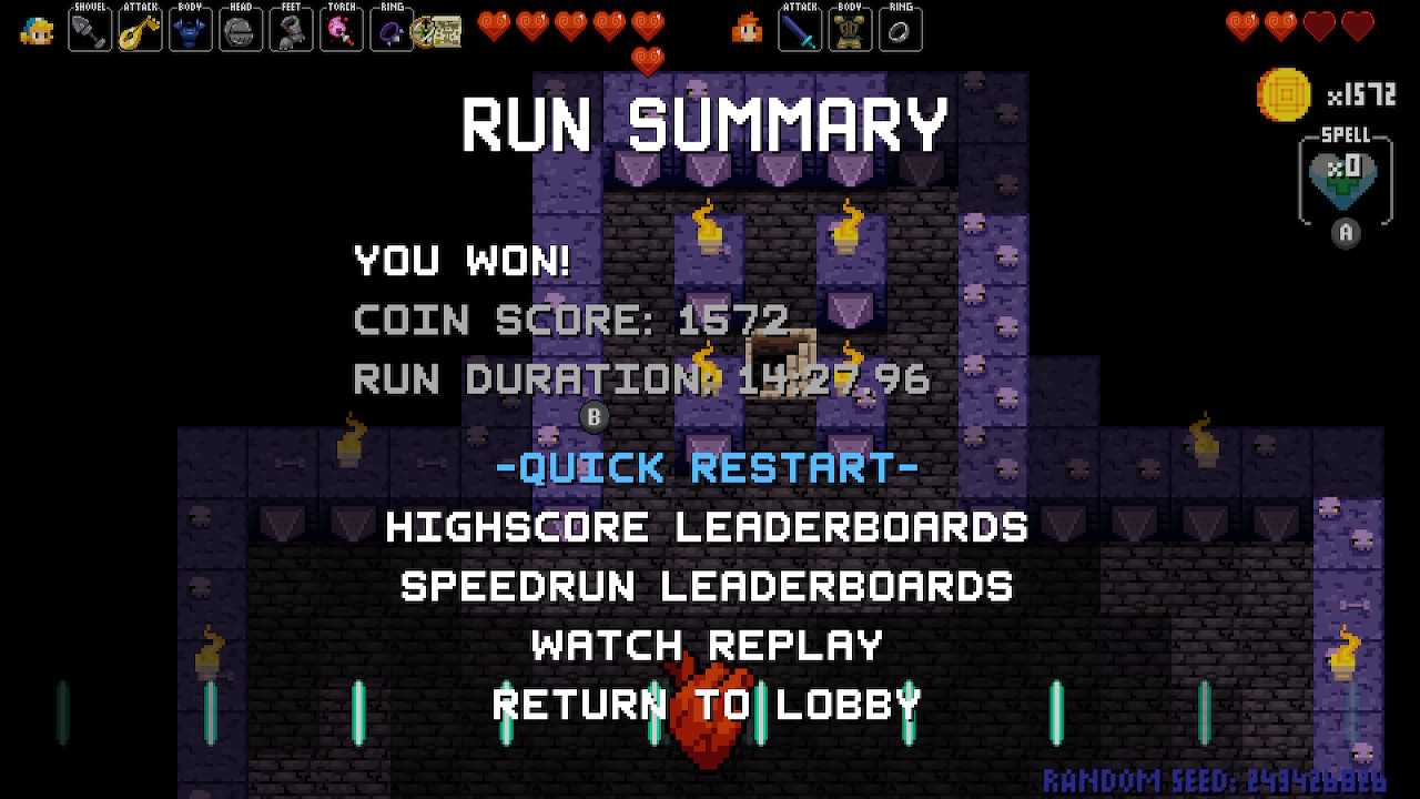 A completed All Zones Cadence run of Crypt of the Necrodancer Any% in fourteen minuntes and twenty-six seconds, a personal best