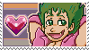 a partially animated pixel art stamp of Ryuko from itadakiman, she is smiling and has her arms behind her head while a heart floats next to her.