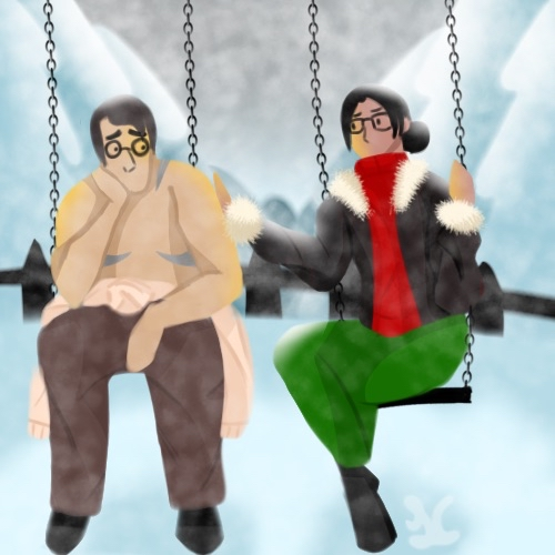 Flo and Herbert sitting outside on the swings together.