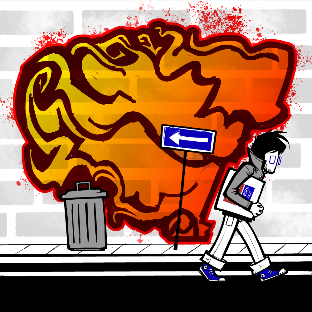 Adam walking on the sidewalk past fire graffiti