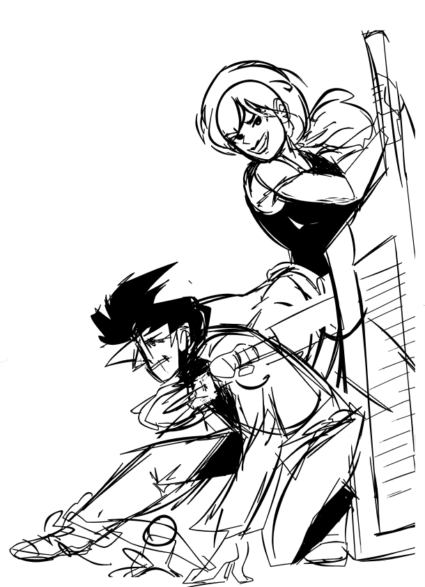 Sketch of Jess and Adam wielding their strife specibi