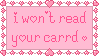 a pink stamp with a fancy pink heart border that says 'i won't read your carrd'