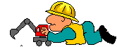 cartoony gif of a construction worker lying on his stomach and playing with a toy digging vehicle