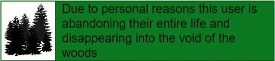 due to personal reasons this user is abandoning their entire life and disappearing into the void of the woods