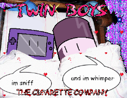 Heldy and Synthesis under a baby blanket together, saying I'm sniff, and I'm whimper. The image is labelled Twin boys, the cigarette company.