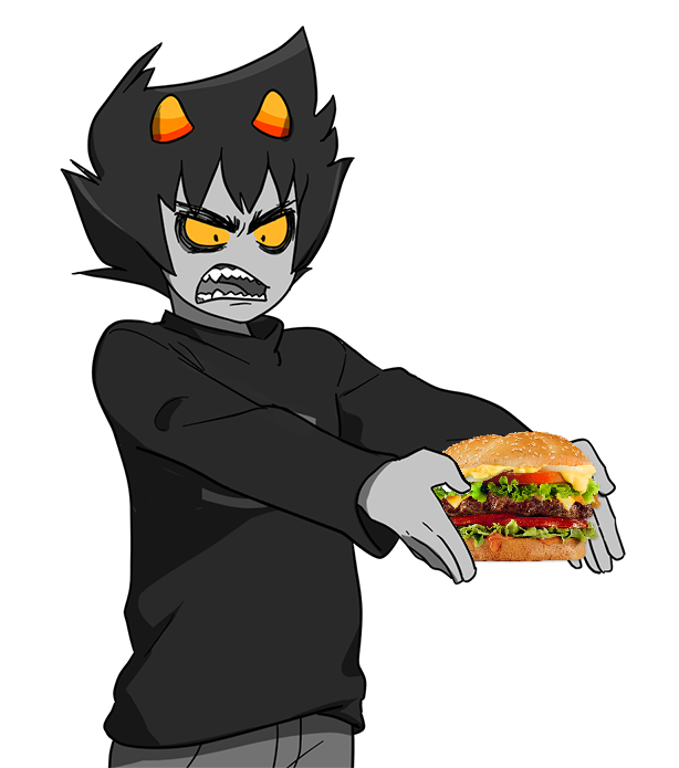 Karkat, from Homestuck's PesterQuest, holding a burger.