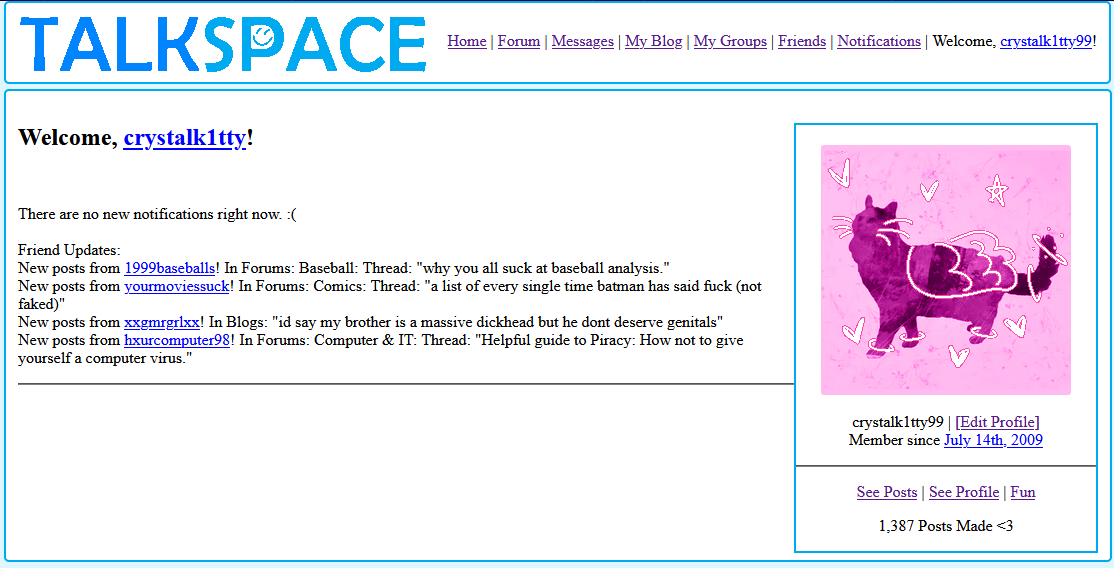 A screenshot of a website. The header says TalkSpace, and the large container contains text about the user's friends.