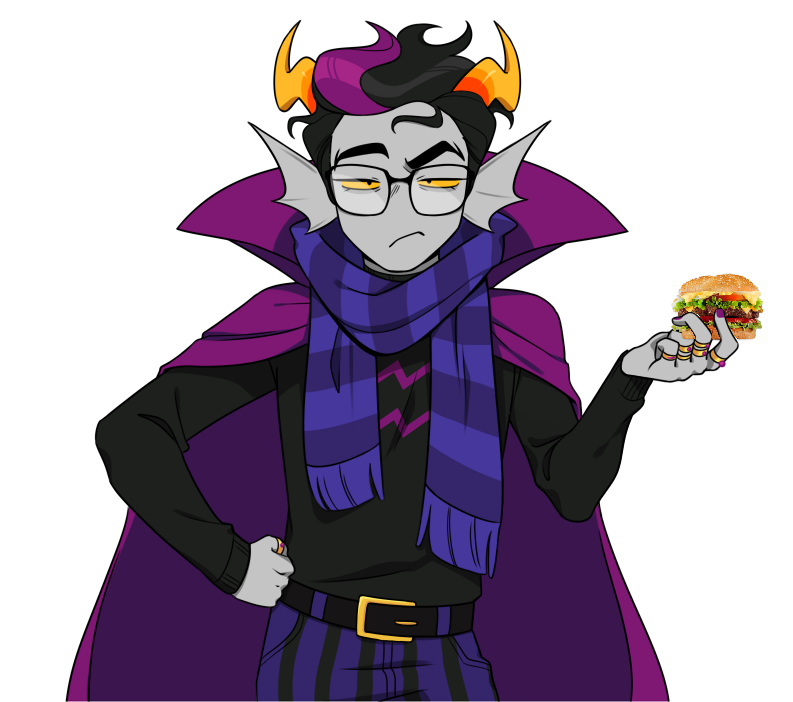 Eridan, from Homestuck's PesterQuest, holding a burger.