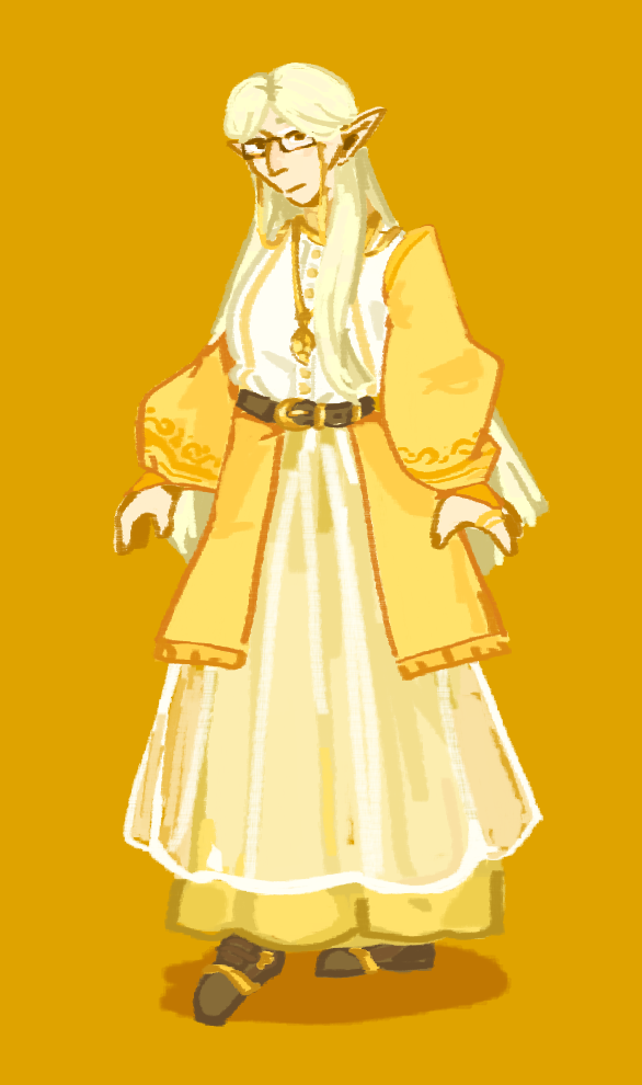 A fullbody illustration of a blonde, light-skinned elf wearing a poofy white and orange dress.