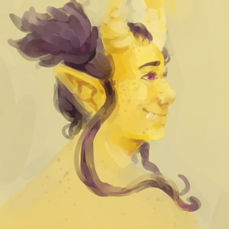 A realistic painting of yellow-skinned tiefling from the shoulders-up.