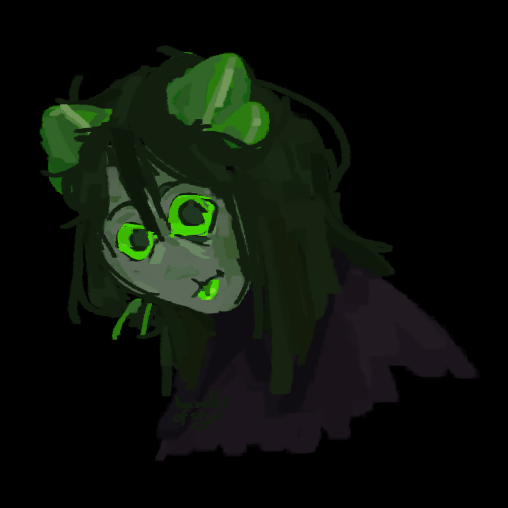 A rough painting of a Homestuck fantroll from the neck-up. They stare at the camera with huge green eyes.