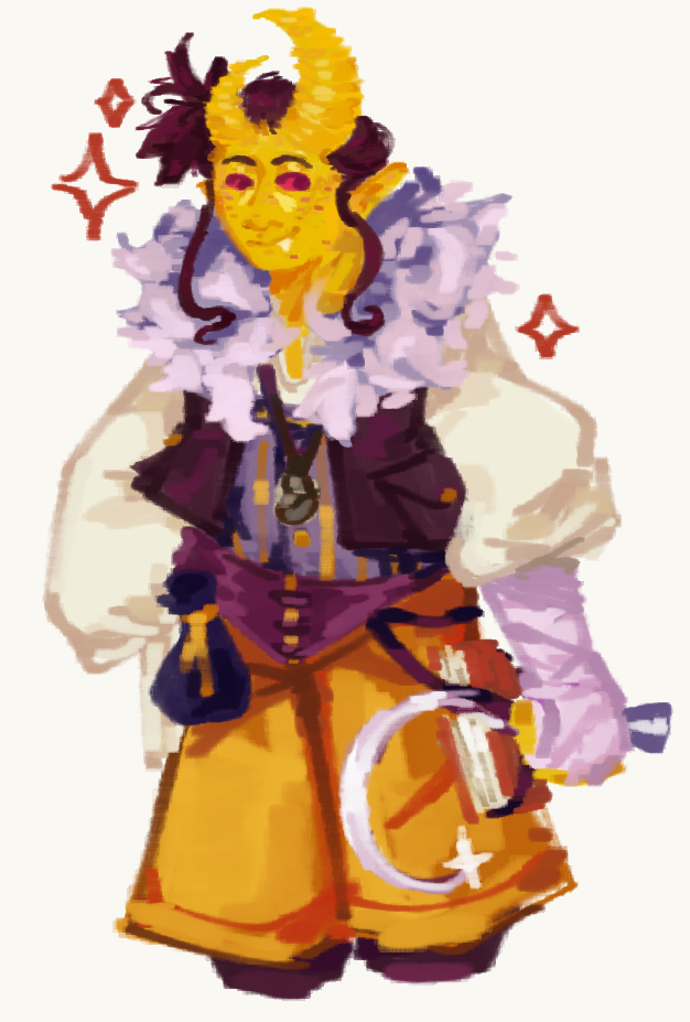 A painting of a yellow-skinned tiefling from the thighs-up.