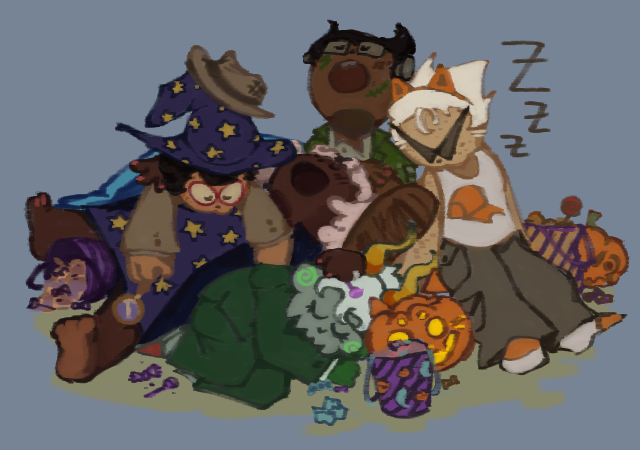 A digital painting in a cute, chibi style of the alpha kids and Calliope all napping leaning on each other. They are also all dressed up for Halloween: Jake as Frankenstein's monster, Jane as a detective, Calliope as her trollsone, Roxy as a wizard, and Dirk is wearing cat ears. There are buckets of candy and some Jack-O-Lanterns scattered around them.