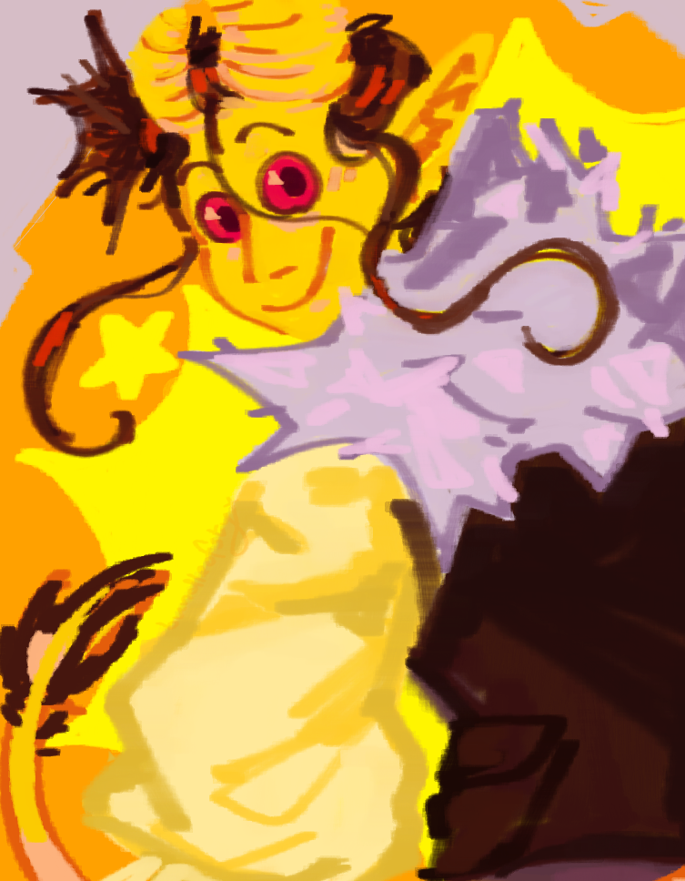 An illustration of a yellow-skinned tiefling staring and smiling at you. The colours are very bold and bright.
